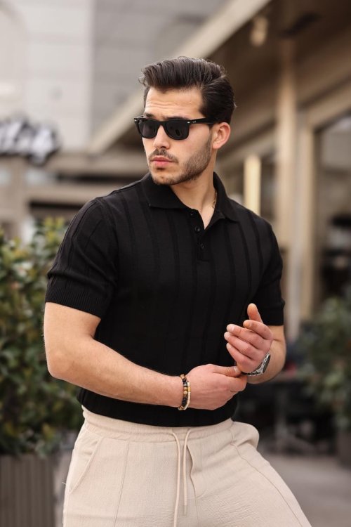 Düğmeli Polo Yaka Triko T-shirt - Siyah